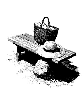 Woven basket with scrolls and a straw hat on a stone garden bench, vector graphic art