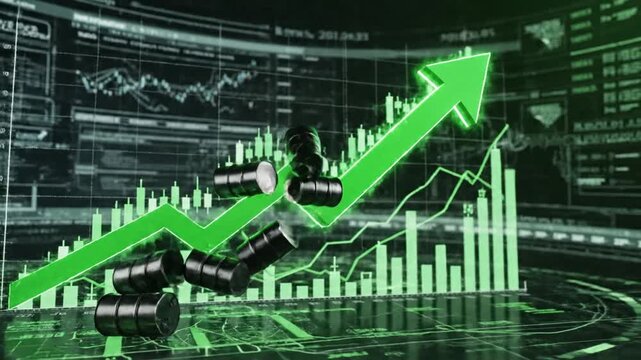 Petroleum Industry Financial Concept Featuring Crude Oil Barrels On Ascending Market Growth Chart With Green Upward Trading Arrow Indicating Global Energy Investment Prosperity And Price Hike