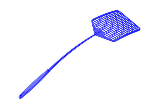 A blue fly swatter with a mesh net head on a long handle isolated on transparent background
