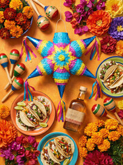Obraz premium Tacos, drinks, and decorations for Cinco de Mayo party, created AI