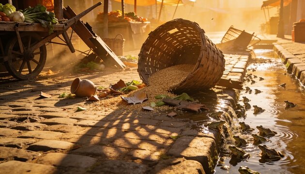 Plague of frogs coming out of Nile river onto ancient street. Biblical exodus story of ten plagues of Egypt. Chaos in marketplace with spilled grain and broken pottery in golden light.