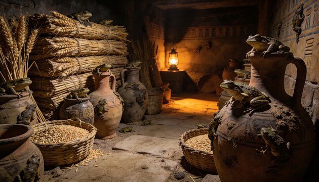 Plague of frogs in ancient Egyptian storehouse showing many amphibians crawling over grain pots and wheat bundles. Biblical story of Exodus and God punishment scene with lantern light.