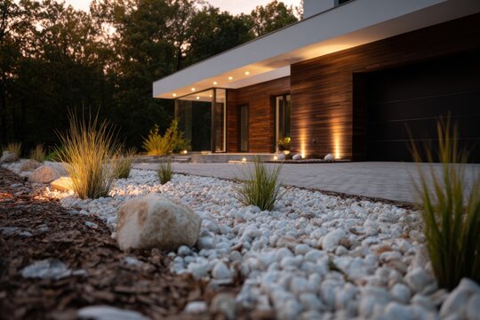 A gentle glow illuminates a contemporary house nestled in a tranquil neighborhood, surrounded by beautifully arranged stones and flourishing plants at dusk