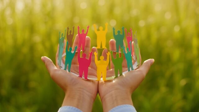 A person holding colorful paper cutouts of people in their hands in a natural setting with a blurred green background