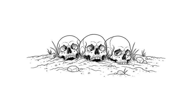 Three skulls resting on earth: detailed monochrome art with intricate line  work