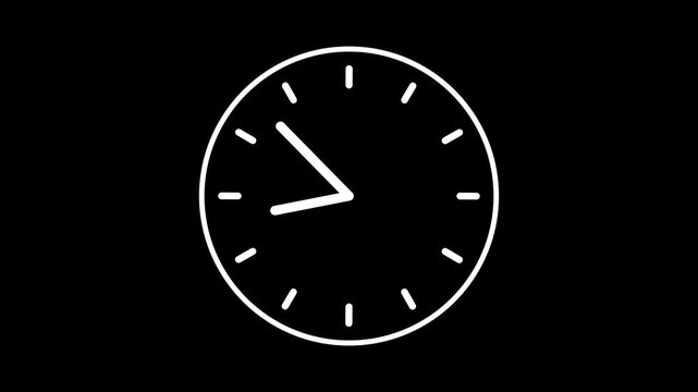 white clock icon with moving arrows in 12 hour loop. Stopwatch animation. Alpha channel