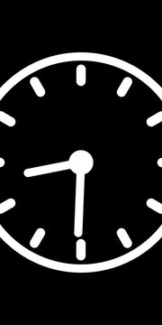 white clock icon with moving arrows in 12 hour loop. Stopwatch animation. Alpha channel