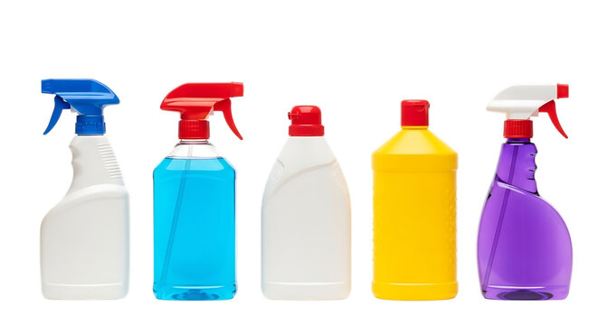 Colorful spray bottles cleaning supplies set