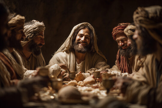 The Last Supper Jesus Christ Smiling Among Apostles Sharing Bread and Wine During Holy Thursday Christian Tradition