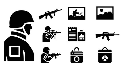Obraz premium Military icons set: soldiers, weapons, and tactical gear in bold silhouette style