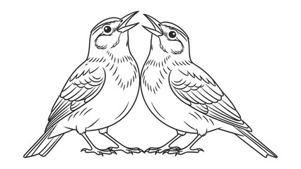 Fototapeta premium Bird Duet Line Art: Two songbirds sing in unison, their beaks pointed skyward in a harmonious chorus. Drawn in a crisp line art style, this image evokes a sense of natural beauty and melodic charm.