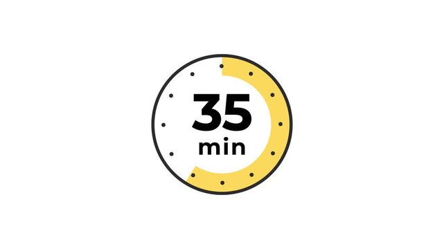 35 Minute Clock Countdown. Stopwatch icon. Colorful simple chronometer, time counter with dial. Countdown timer showing hours and minutes. Deadline, measurement for sport. Cooking time label.