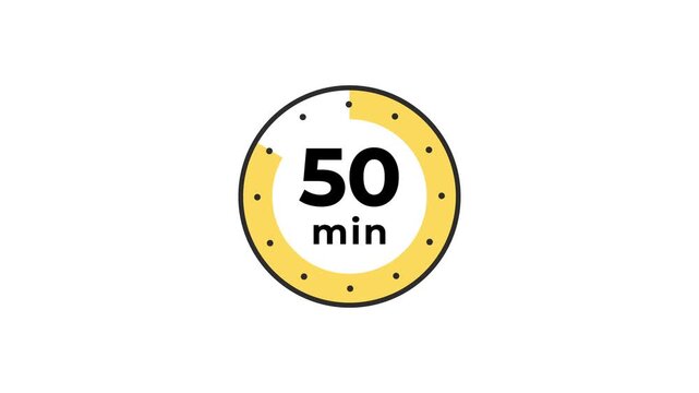 50 Minute Clock Countdown. Stopwatch icon. Colorful simple chronometer, time counter with dial. Countdown timer showing hours and minutes. Deadline, measurement for sport. Cooking time label.