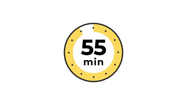 55 Minute Clock Countdown. Stopwatch icon. Colorful simple chronometer, time counter with dial. Countdown timer showing hours and minutes. Deadline, measurement for sport. Cooking time label.