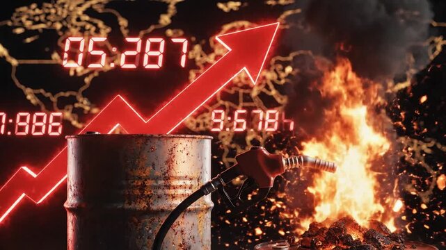 Dramatic visualization of global oil price crisis showing rising red arrow above blue gas flame representing soaring energy cost fuel inflation and economic volatility in international markets.