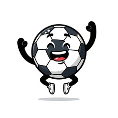 Obraz premium Animated soccer ball character joyfully jumping with raised arms, celebrating victory. Vector illustration on plain white background.