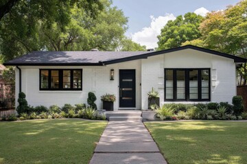 Fototapeta premium A charming house featuring a lovely front garden basks in the warm sunlight on a beautiful day in a peaceful residential neighborhood, surrounded by lush green trees and a bright blue sky