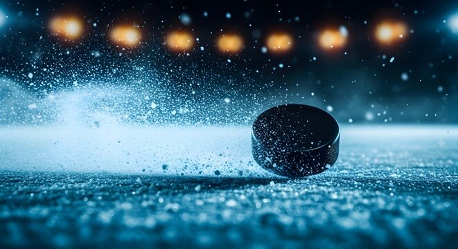 Close-up action shot of a hockey puck on ice with spray during a game