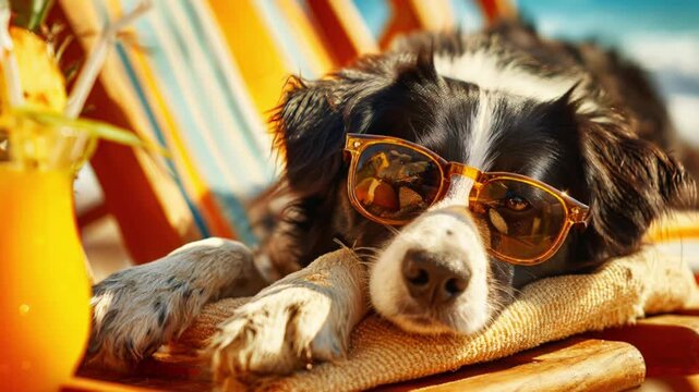 Relaxed border collie dog wearing sunglasses lying on wooden sun lounger with tropical cocktail in foreground against beach resort background in bright sunlight. Concept of summer vacation lifestyle
