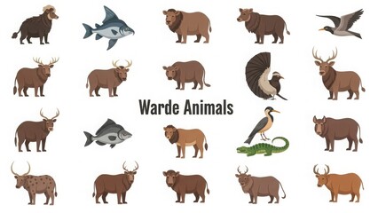 Fototapeta premium Warde Animals: A comprehensive collection of various animals, each meticulously illustrated in vibrant detail. Showcasing the diversity of the animal kingdom.