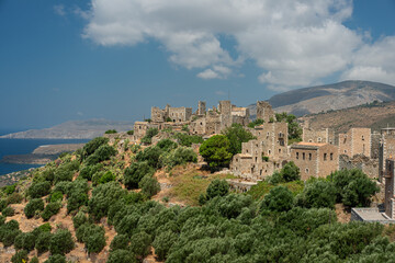 Obraz premium Greece Vatheia village. Old abandoned tower houses in Vathia Mani Peninsula, Laconia Peloponnese Europe