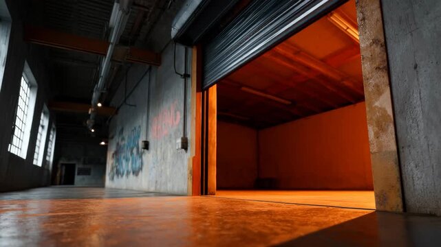 Metal roller shutters in a dark industrial hallway with graffiti open to reveal an empty room filled with bright warm orange light