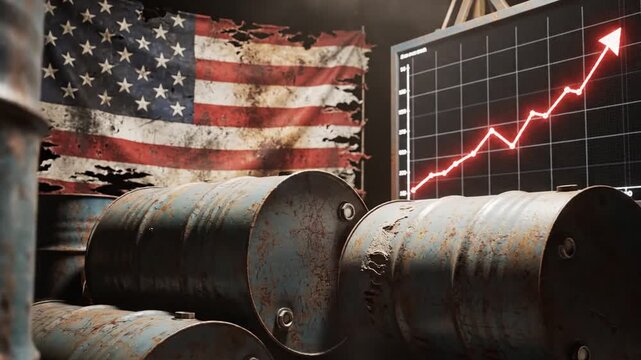 Industrial crude oil barrels positioned against a weathered American flag featuring a rising financial chart representing soaring energy costs, petroleum market trends, and US economic inflation.