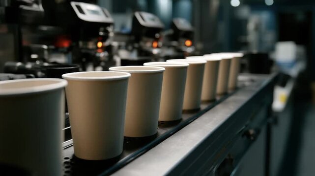 A row of empty paper cups moves along a conveyor belt in a modern coffee shop against a background of professional espresso machines with glowing indicators