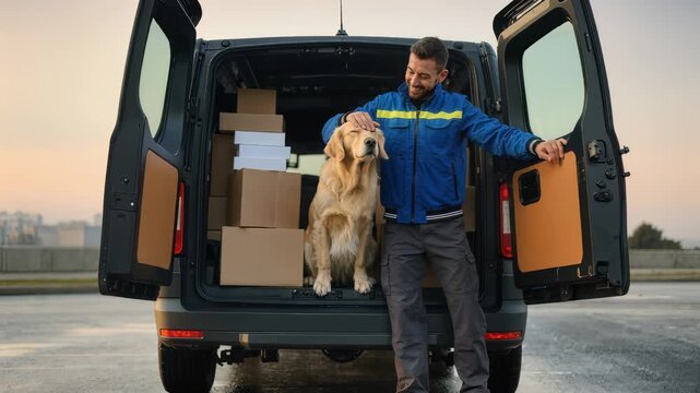 Friendly Delivery Driver And Golden Retriever Ready With Packages In Van