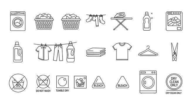 A comprehensive set of line icons for laundry and dry cleaning services.
