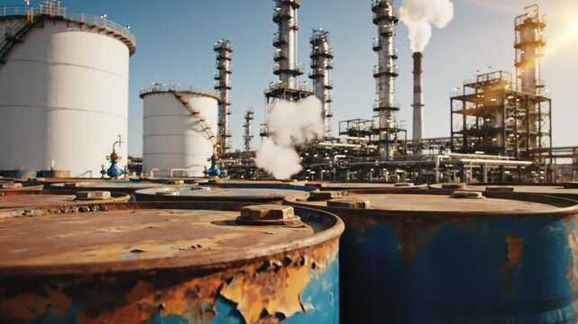 Industrial Storage Yard Featuring Rows of Metallic Oil Barrels at a Refinery Petroleum Facility with Energy Infrastructure and Fuel Containers in Daylight