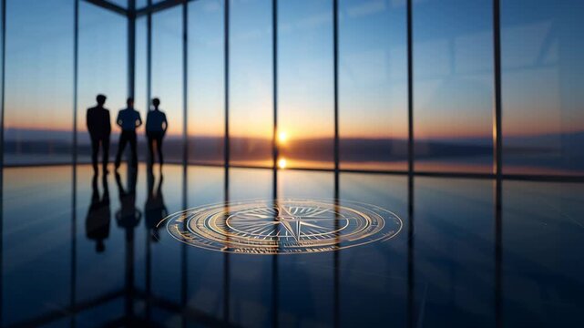 Inspirational Setting for Goal Achievement: Three Silhouetted Figures Observing a Beautiful Sunset Over a Compelling Compass Design on the Floor