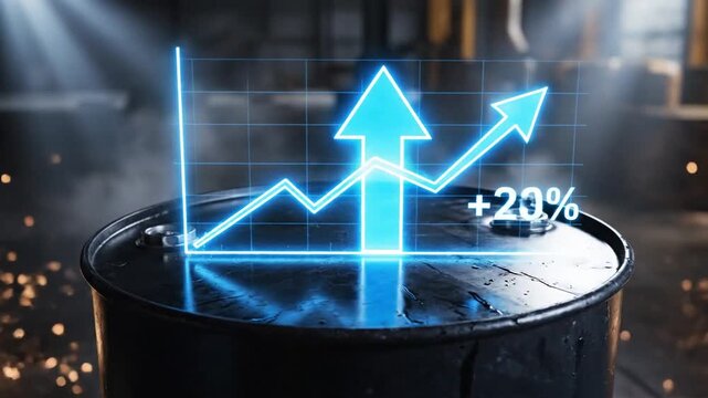 Industrial crude oil barrel with ascending financial growth graph and rising red arrow symbolizing increased petroleum production cost and global market price hike in energy sector economy