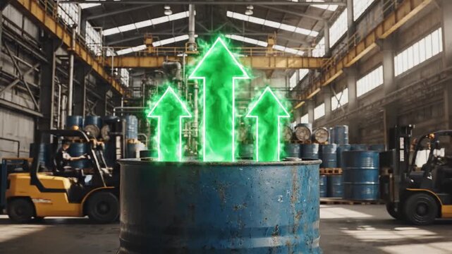 Metallic petroleum drum featuring glowing neon upward arrows symbolizing soaring market prices fuel demand surge and economic growth within a dark gritty industrial refinery warehouse environment