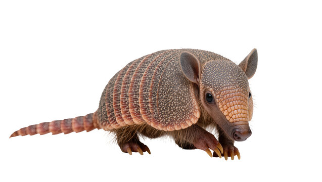 Isolated Armadillo animal with spotted shell and pinkish scales against clear backdrop, close up