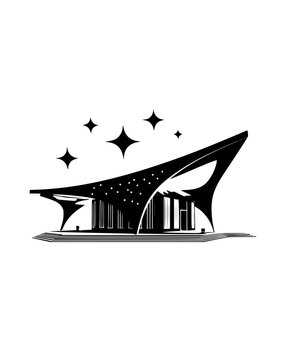 Googie-style gas station with a sweeping roof and neon stars, vectorized illustration