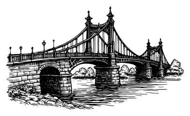 Obraz premium Vintage Suspension Bridge over River Vector Sketch Ornate Victorian Architecture Bridge Illustration