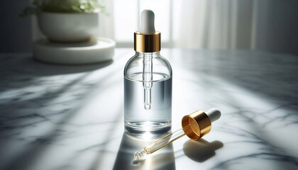 Naklejka premium Clear Serum Bottle with Dropper on Marble Surface with Natural Light.