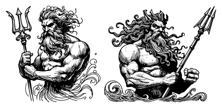 Poseidon Neptune Greek God of the Sea Sketch Vector Illustration Mythological Character with Trident and Waves for Mascot or Tattoo Design