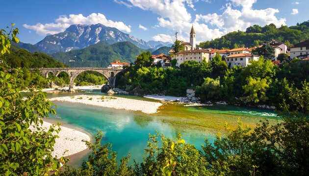 A scenic vista showcasing a picturesque village nestled near a turquoise river, ancient stone bridge, and majestic mountains