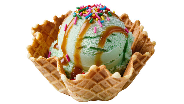 Isolated light green ice cream with caramel and sprinkles in a waffle bowl on a plain background