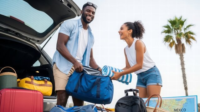 Journey Begins: A joyous couple enthusiastically prepares their car for an exciting trip, loading luggage and essentials, against a bright outdoor backdrop. 