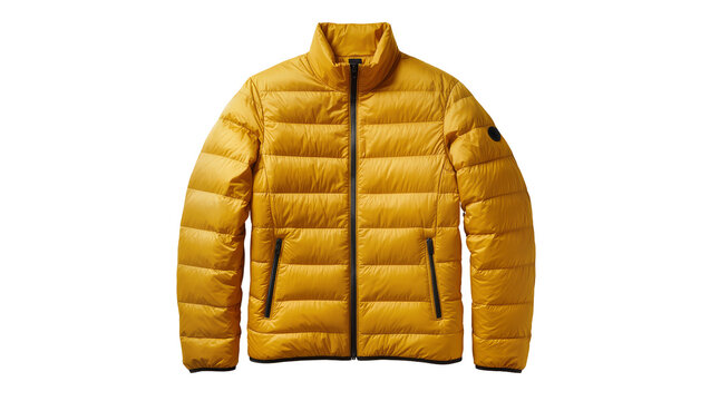 Isolated yellow puffy down jacket outerwear for fall winter clothing, on neutral background