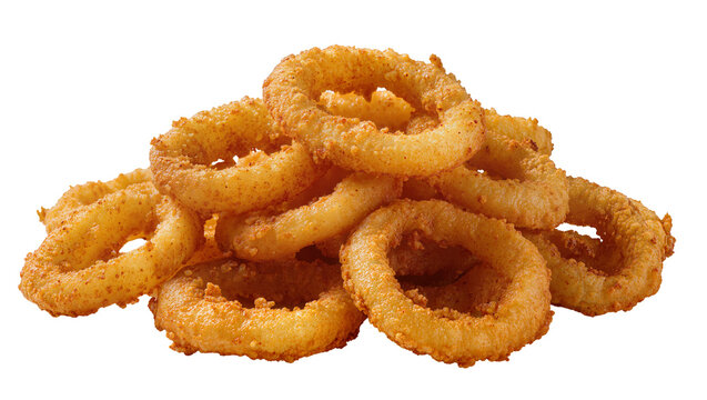 Isolated pile of golden crispy onion rings ready to eat as a party snack or side dish