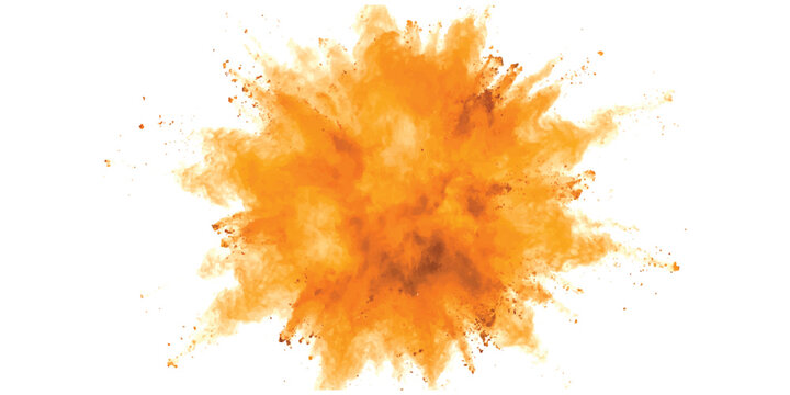 A vibrant orange powder explosion isolated on a clean white background, creating a dynamic burst effect.