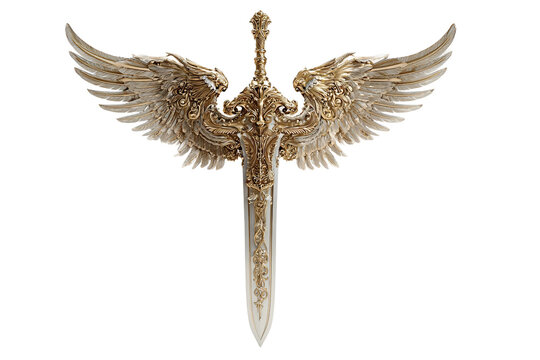 Angelic sword with large wings design isolated on transparent background