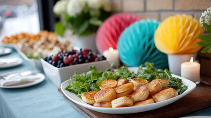 Party buffet table with savory appetizers fruit and colorful paper rosettes for celebration table decor and event catering background
