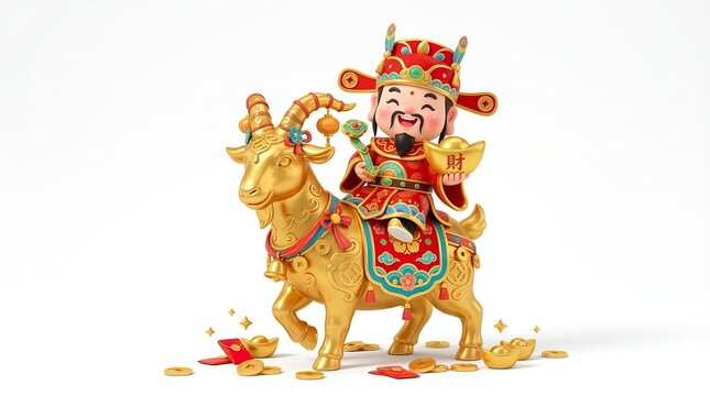Cute Chibi God of Wealth Riding Gold Goat 3D Illustration for Asian Lunar New Year, pure white background
