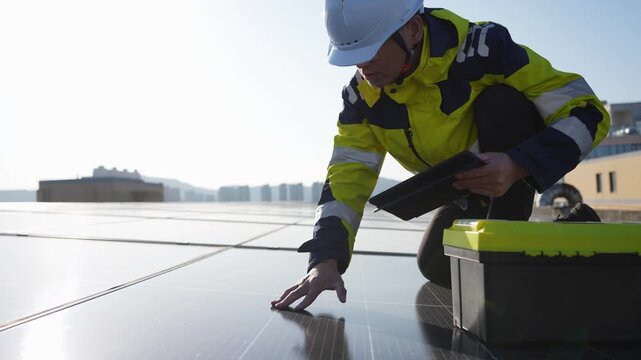 Solar engineer inspecting photovoltaic panels on a rooftop with tablet and tools