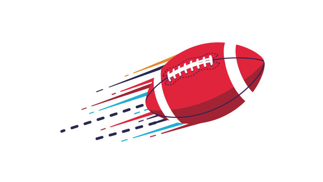 Red and white American football flying through the air with colorful motion lines representing a fast throw or kick during a game.